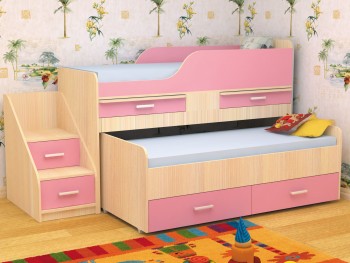 Кровать детская Лесики двухместная 1.8  Дуб молочный/Розовый в Рубцовске - rubcovsk.mebel54.com | фото